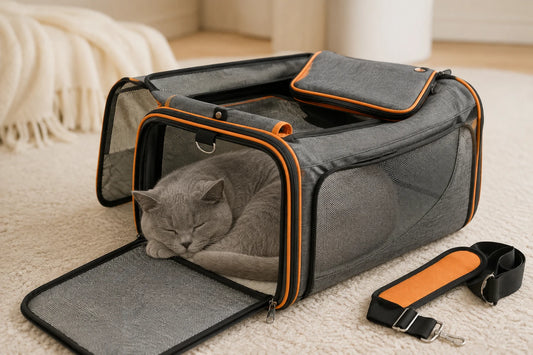 Chat British Shorthair gris endormi, yeux fermés, dans un sac de transport pour chat gris chiné à passepoils orange, porte frontale en maille ouverte et bandoulière posée à côté, sur le tapis clair d’un salon