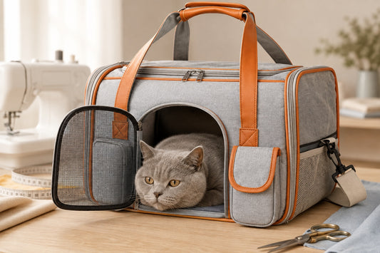 Chat British Shorthair gris couché dans un sac de transport pour chat gris à finitions cuir orange, posé sur une table d’atelier de couture