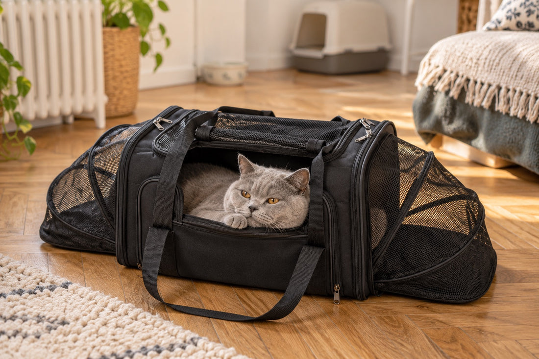 Chat British Shorthair gris couché dans un sac de transport noir aux deux extensions en maille dépliées, sur le parquet en chevrons d’une chambre d’amis, litière et gamelle au fond