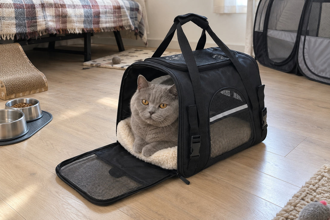 Chat British Shorthair gris couché dans un sac de transport pour chat noir à porte en maille rabattue, au sol de la pièce d’accueil d’une famille d’accueil, près d’un parc pour chatons