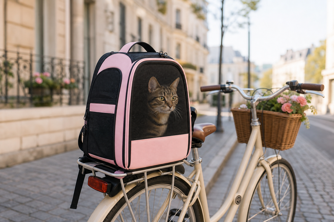 Sac a dos pour chat pose sur un velo de ville pour un trajet court