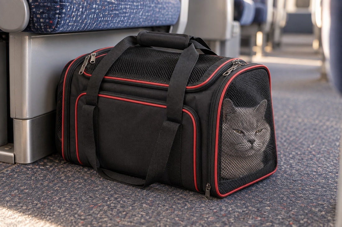 Chat British Shorthair gris couché dans un sac de transport noir à passepoils rouges, posé fermé au pied d’un siège de train, sur la moquette de l’allée
