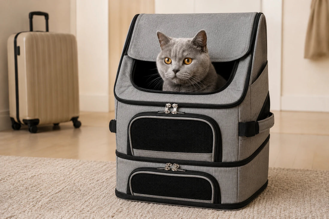 Chat gris installé dans un sac de transport XXL, alternative aux sacs Griffe d'Amour