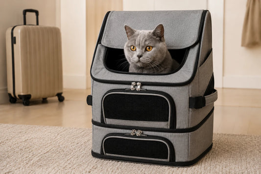 Chat gris installé dans un sac de transport XXL, alternative aux sacs Griffe d'Amour