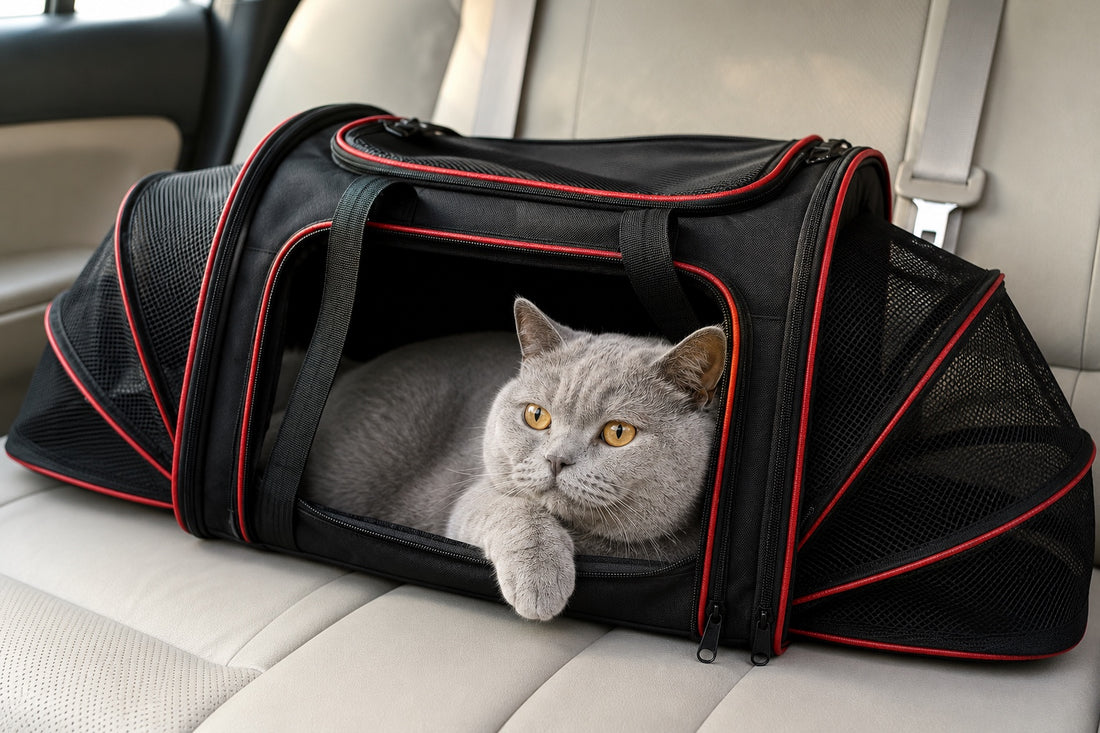 Chat gris British Shorthair couché dans un sac de transport pour chat noir à liserés rouges, posé sur la banquette arrière d'une voiture