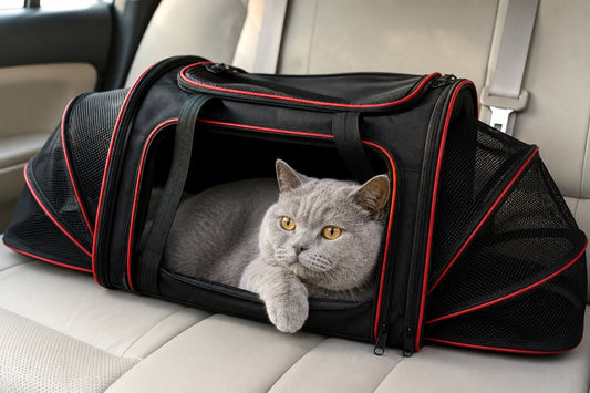 Chat gris British Shorthair couché dans un sac de transport pour chat noir à liserés rouges, posé sur la banquette arrière d'une voiture