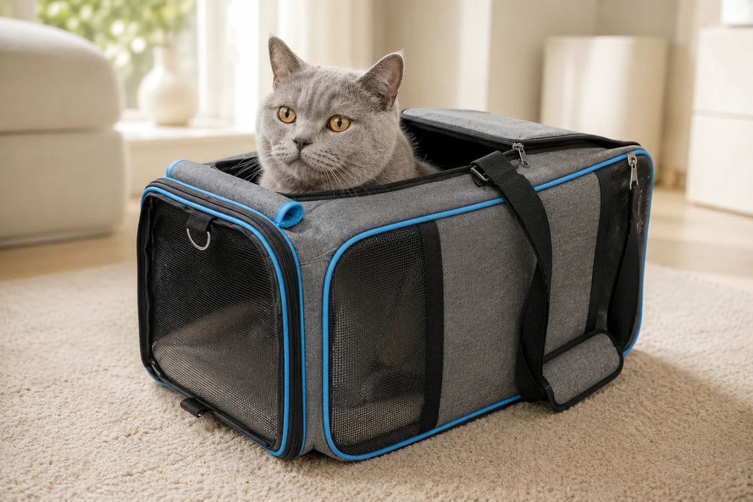Chat British Shorthair gris installé dans un sac de transport pour chat souple à liseré bleu, alternative aux sacs Oscar et Plume