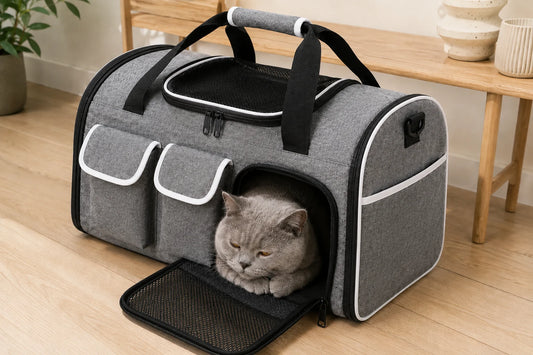 Chat gris roulé en boule à l'intérieur d'un sac de transport gris à passepoils blancs posé dans une entrée de maison, alternative au panier de transport pour chat en osier