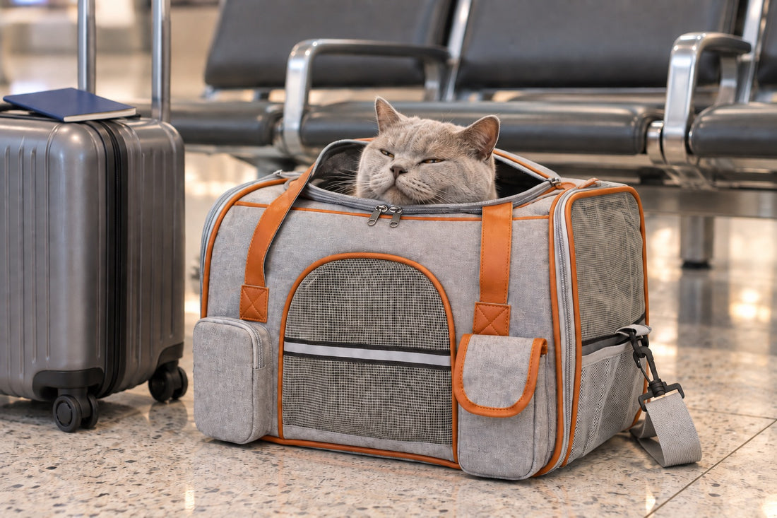 Chat British Shorthair gris dont la tête dépasse du dessus d’un sac de transport pour chat gris à passepoils caramel, au sol d’une salle d’attente d’aéroport près d’une valise et d’un passeport bleu