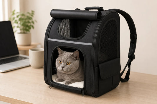 Chat British Shorthair gris couché dans un sac à dos extensible pour chat en toile Oxford noire, grande ouverture frontale zippée et bande réfléchissante, posé sur un plan de travail en bois clair près d un ordinateur portable