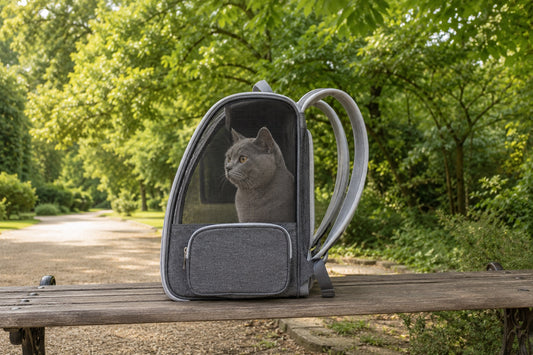 Chat British Shorthair gris assis de profil dans un sac de transport pour chat porté en sac à dos gris chiné, grand panneau latéral en filet, posé sur un banc de bois dans une allée de parc