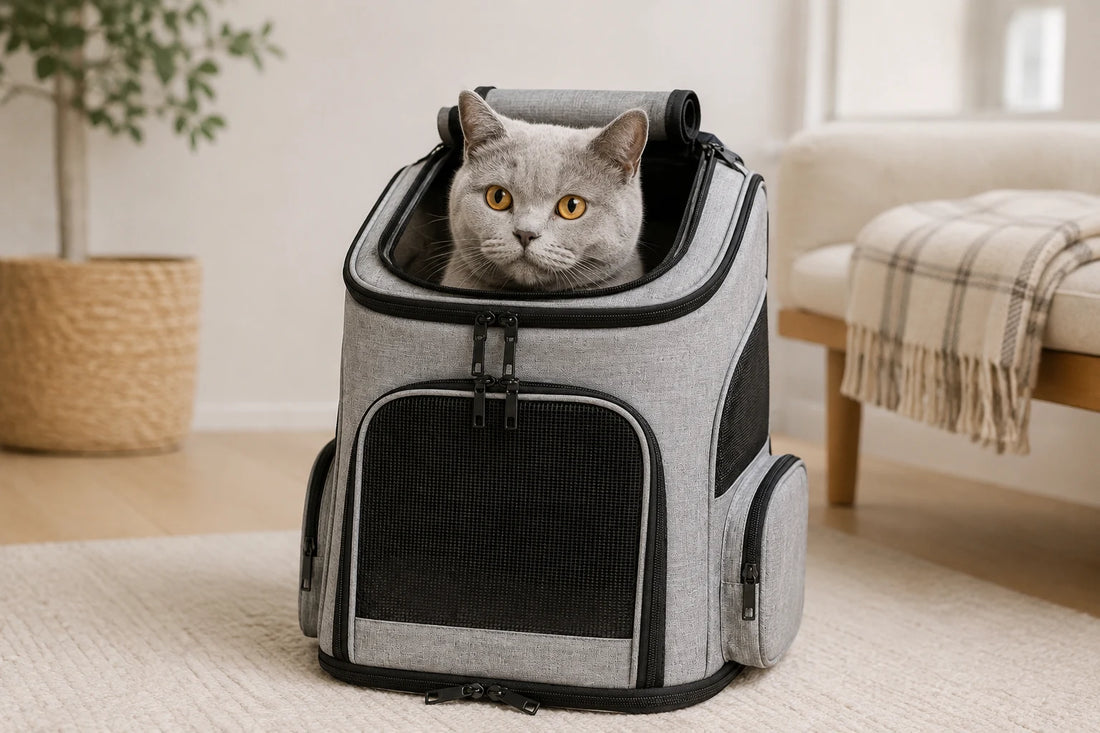 Chat British Shorthair gris installé dans un sac à dos de transport pour chat gris chiné, alternative au sac à dos Cat-Trotter