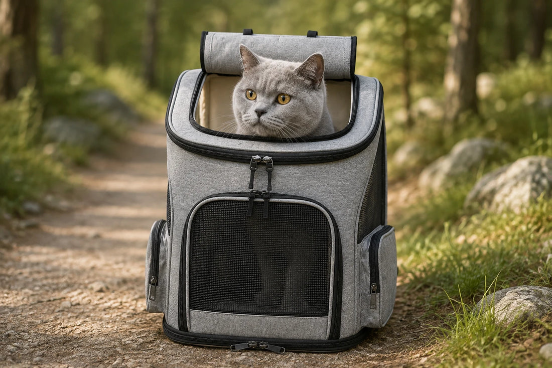 Chat gris installé dans un sac à dos de randonnée pour chat ventilé, posé sur un sentier en forêt