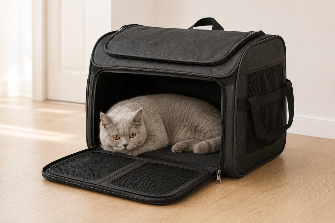Grand chat gris British Shorthair allongé dans un sac de transport XXL noir ouvert, posé au sol dans une entrée