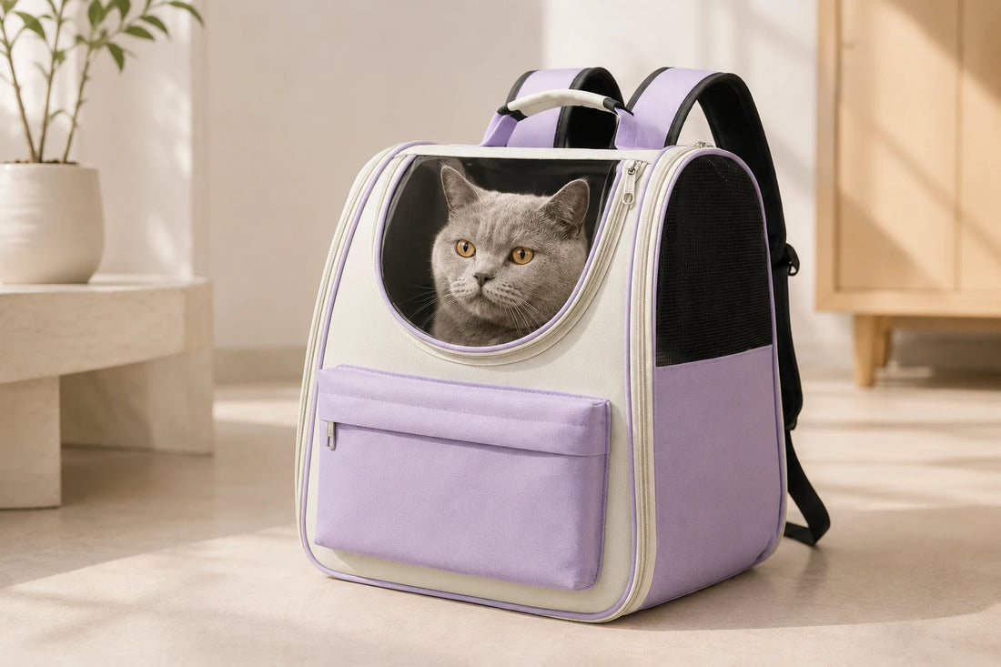 Chat British Shorthair gris installé dans un sac à dos transparent pour chat, regardant par le hublot