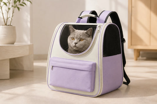 Chat British Shorthair gris installé dans un sac à dos transparent pour chat, regardant par le hublot