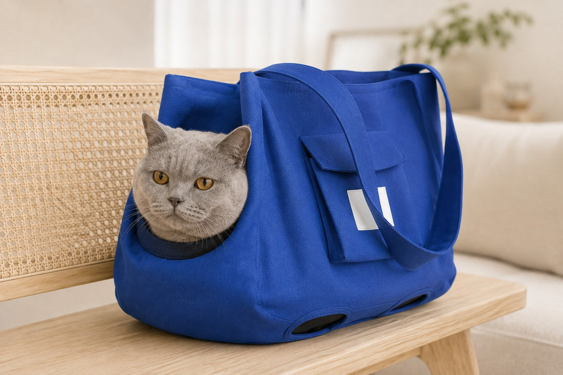 Sac de portage pour chat bleu avec un chat British Shorthair gris installé à l'intérieur, tête dehors, posé sur un banc