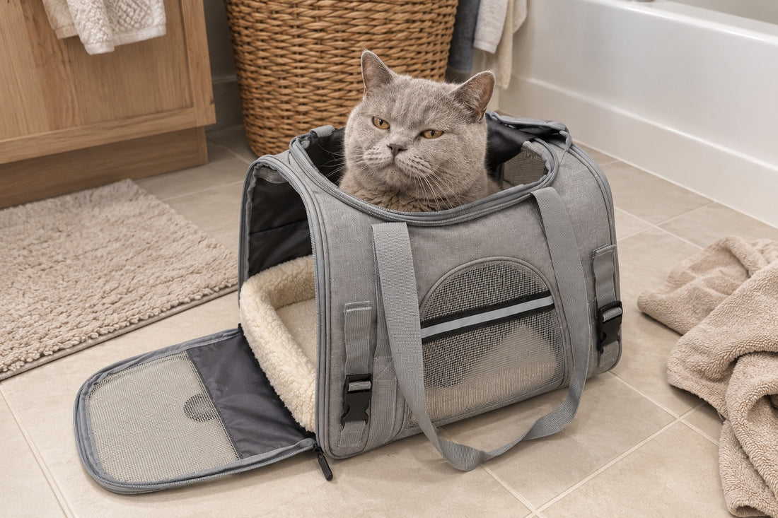Chat British Shorthair gris aux yeux ambre assis dans un sac de transport pour chat gris chiné, tête sortie par l’ouverture du dessus dézippée, porte frontale rabattue sur le carrelage d’une salle de bain