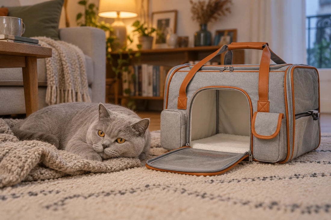 Chat British Shorthair gris couché sur un plaid à côté de son sac de transport gris ouvert, dans un salon éclairé à la lampe