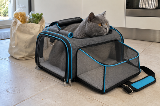 Chat British Shorthair gris aux yeux ambre couche dans un sac de transport pour chat en toile gris chine a passepoils bleus, extension laterale depliee, pose sur le carrelage clair d une cuisine a cote d un cabas de courses en toile