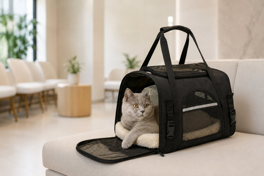 Chat British Shorthair gris couché dans un sac de transport pour chat noir à parois en maille, posé sur une banquette de salle d’attente vétérinaire