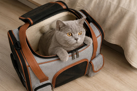 Chat British Shorthair gris sortant par l’ouverture sur le dessus d’un sac de transport pour chat gris à finitions cuir camel, panneau supérieur ouvert, posé sur le parquet d’une chambre