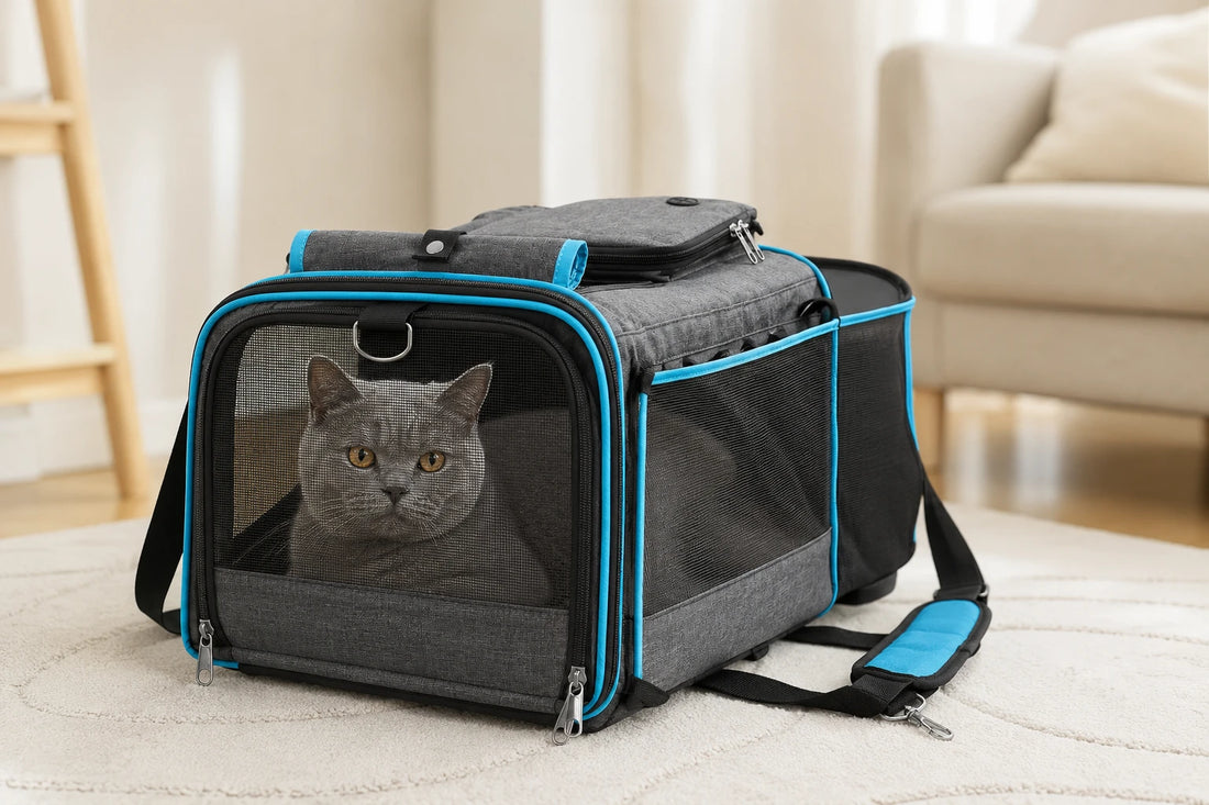 Chat gris British Shorthair installé calmement dans un sac de transport souple bleu de qualité