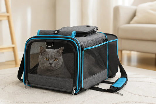 Chat gris British Shorthair installé calmement dans un sac de transport souple bleu de qualité