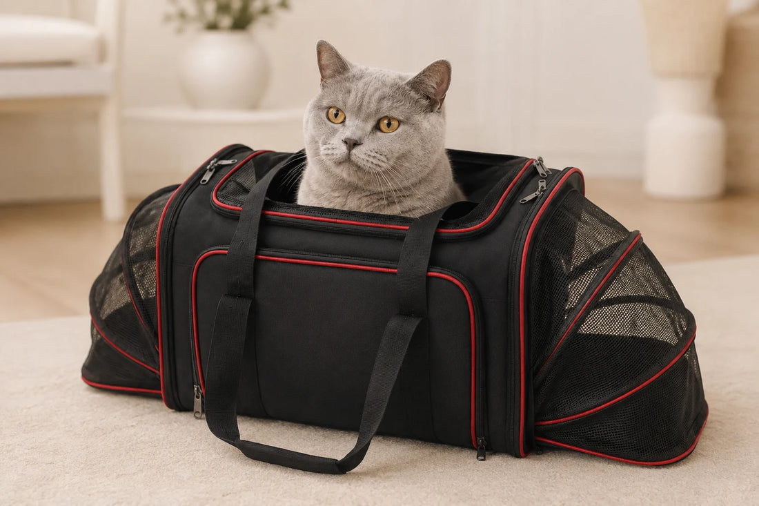 Chat gris installé dans un sac de transport souple noir, alternative à la cage de transport