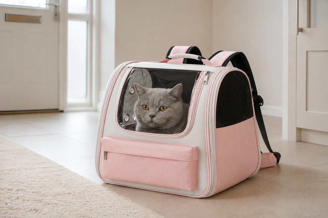 Chat British Shorthair gris installé calmement dans un sac à dos ventilé pour chat