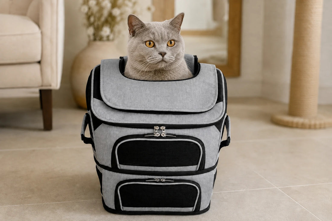 Chat gris détendu installé dans un sac de transport XXL pour grand chat