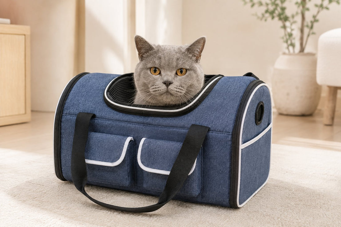 Sac de transport pour chat 10 kg bleu avec un chat British Shorthair gris installé calmement à l'intérieur