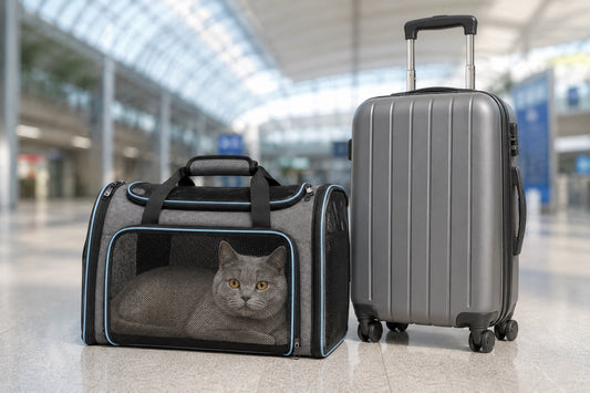 Chat British Shorthair gris couche a l interieur d un sac de transport pour chat gris chine a passepoils bleus, extensions repliees, pose au sol d un hall de gare a cote d une valise a roulettes