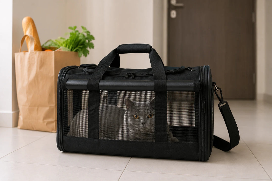 Chat British Shorthair gris couché dans un sac de transport pour chat en toile noire, grands panneaux en filet et barre rigide sur le dessus, posé sur le carrelage clair d’une entrée d’appartement à côté d’un sac de courses en papier kraft