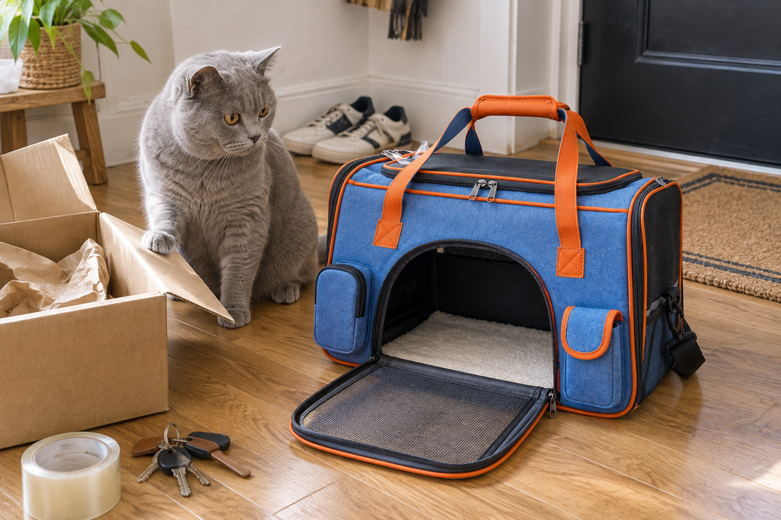 Chat British Shorthair gris aux yeux ambre assis à côté d’un sac de transport pour chat bleu à passepoils orange, porte en maille rabattue sur le parquet, entrée d’appartement avec un carton de livraison ouvert