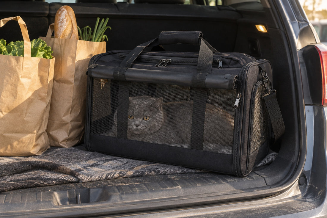 Chat British Shorthair gris aux yeux ambre couché dans un sac de transport pour chat noir à panneaux de maille, posé dans le coffre ouvert d'une voiture à côté de deux sacs de courses en papier kraft