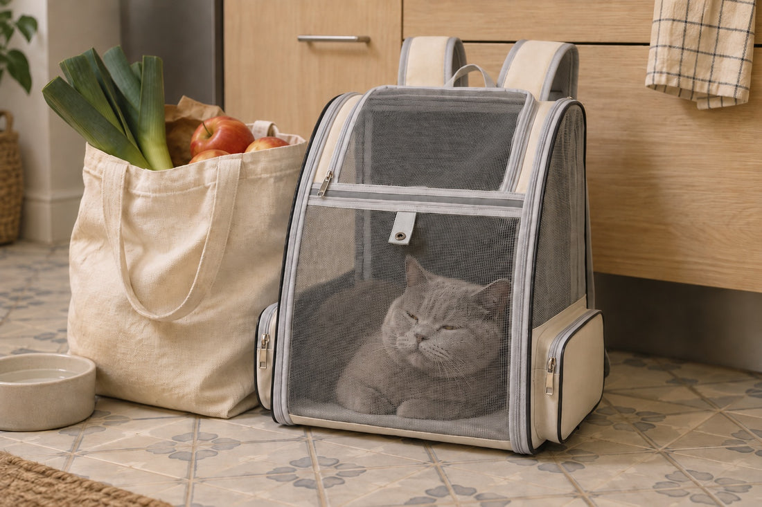 Sac de transport pour chat en forme de sac à dos beige posé sur le carrelage d’une cuisine, près d’un cabas de courses en toile, chat gris somnolant derrière la façade en filet