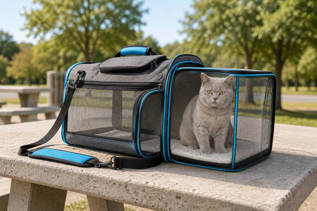 Chat British Shorthair gris assis dans un sac de transport pour chat gris à passepoils bleus, extension latérale dépliée, posé sur une table d’aire de repos d’autoroute