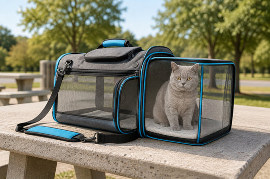 Chat British Shorthair gris assis dans un sac de transport pour chat gris à passepoils bleus, extension latérale dépliée, posé sur une table d’aire de repos d’autoroute