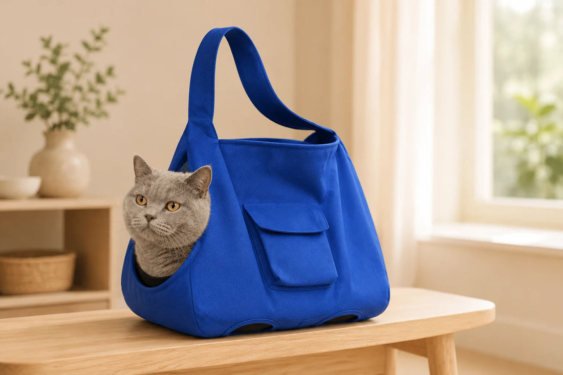 Chat gris installé dans un sac bandoulière bleu pour chat posé sur un banc
