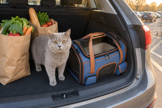Chat British Shorthair gris debout dans le coffre ouvert d une voiture a cote d un sac de transport pour chat en toile bleue a finitions cuir camel, doublure creme visible, sacs de courses en papier kraft, parking de supermarche en fin de journee