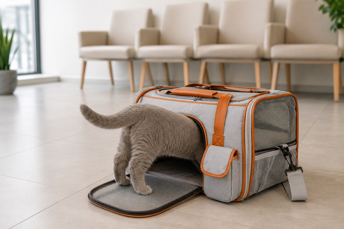 Chat British Shorthair gris entrant de lui-meme dans un sac de transport pour chat gris clair a finitions cuir tan, porte avant en filet ouverte, pose au sol d une salle d attente veterinaire