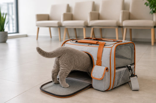 Chat British Shorthair gris entrant de lui-meme dans un sac de transport pour chat gris clair a finitions cuir tan, porte avant en filet ouverte, pose au sol d une salle d attente veterinaire