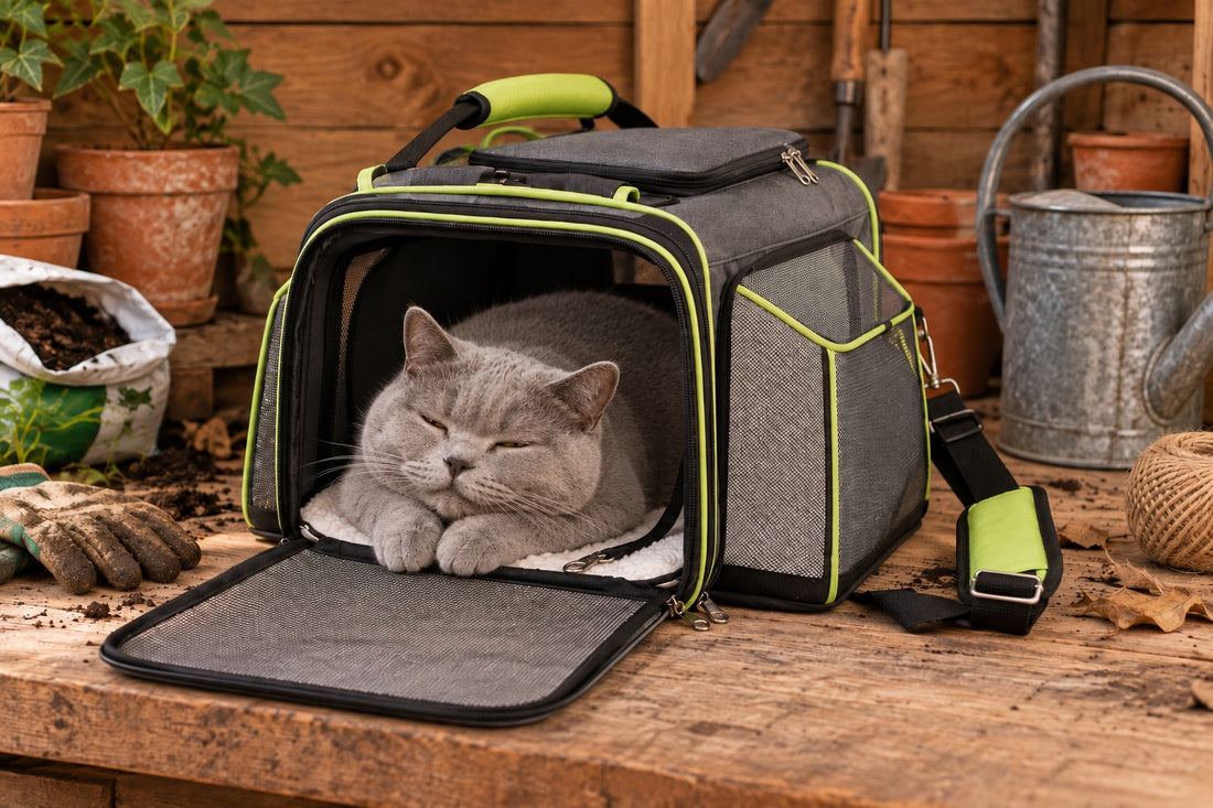 Sac de transport pour chat gris anthracite à liserés vert anis posé sur un établi de remise de jardin, porte en maille rabattue, un British Shorthair gris aux yeux ambre couché dedans