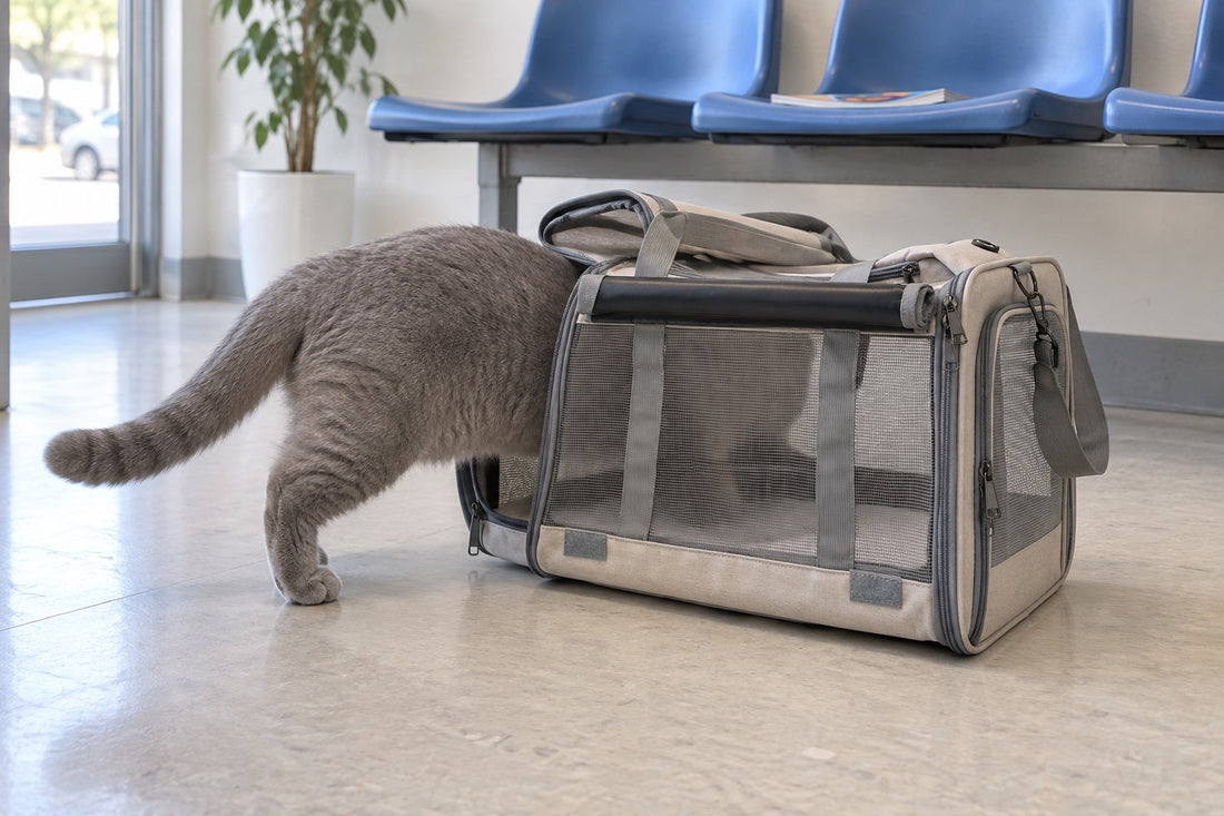 Chat British Shorthair gris qui entre tête la première dans un sac de transport pour chat en toile beige lin à panneaux de maille grise, posé au sol d une salle d attente vétérinaire