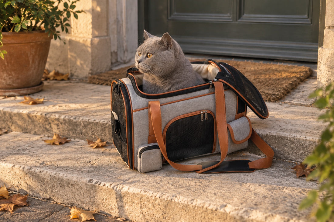 Chat British Shorthair gris assis dans un sac de transport pour chat en toile gris chiné à passepoils cuir camel, panneau de maille du dessus ouvert et rabattu, posé sur les marches en pierre d’un perron au soleil de fin d’après-midi