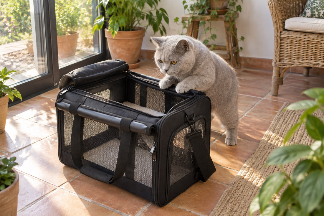 Chat British Shorthair gris aux yeux ambre debout, pattes avant posées sur le rebord d’un sac de transport pour chat noir à panneaux de maille, panneau du dessus ouvert, posé sur le carrelage en terre cuite d’une véranda
