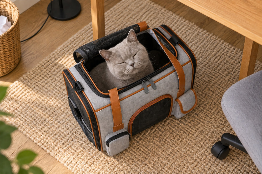 Chat British Shorthair gris assoupi, tête et épaules sortant du toit ouvert d’un sac de transport gris chiné à passepoils caramel, posé sur un tapis tressé sous un bureau en bois