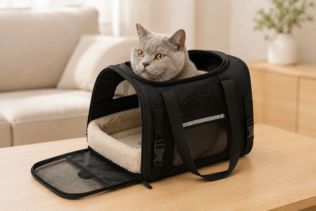 Chat gris British Shorthair installé dans un sac de transport sécurisé pour chat noir, air serein