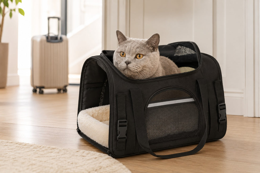 Chat gris installé dans un sac de transport souple noir, alternative au sac de transport Trixie pour chat